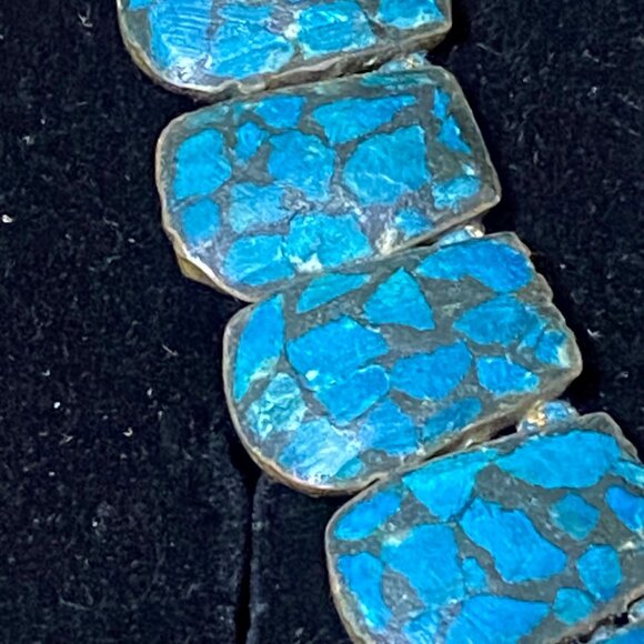 Vintage Blue Mosaic Stone Necklace With Toggle Clasp - Picture 12 of 16